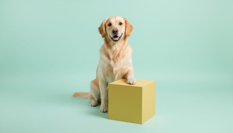 Golden retriever junto a una caja amarilla sobre fondo menta